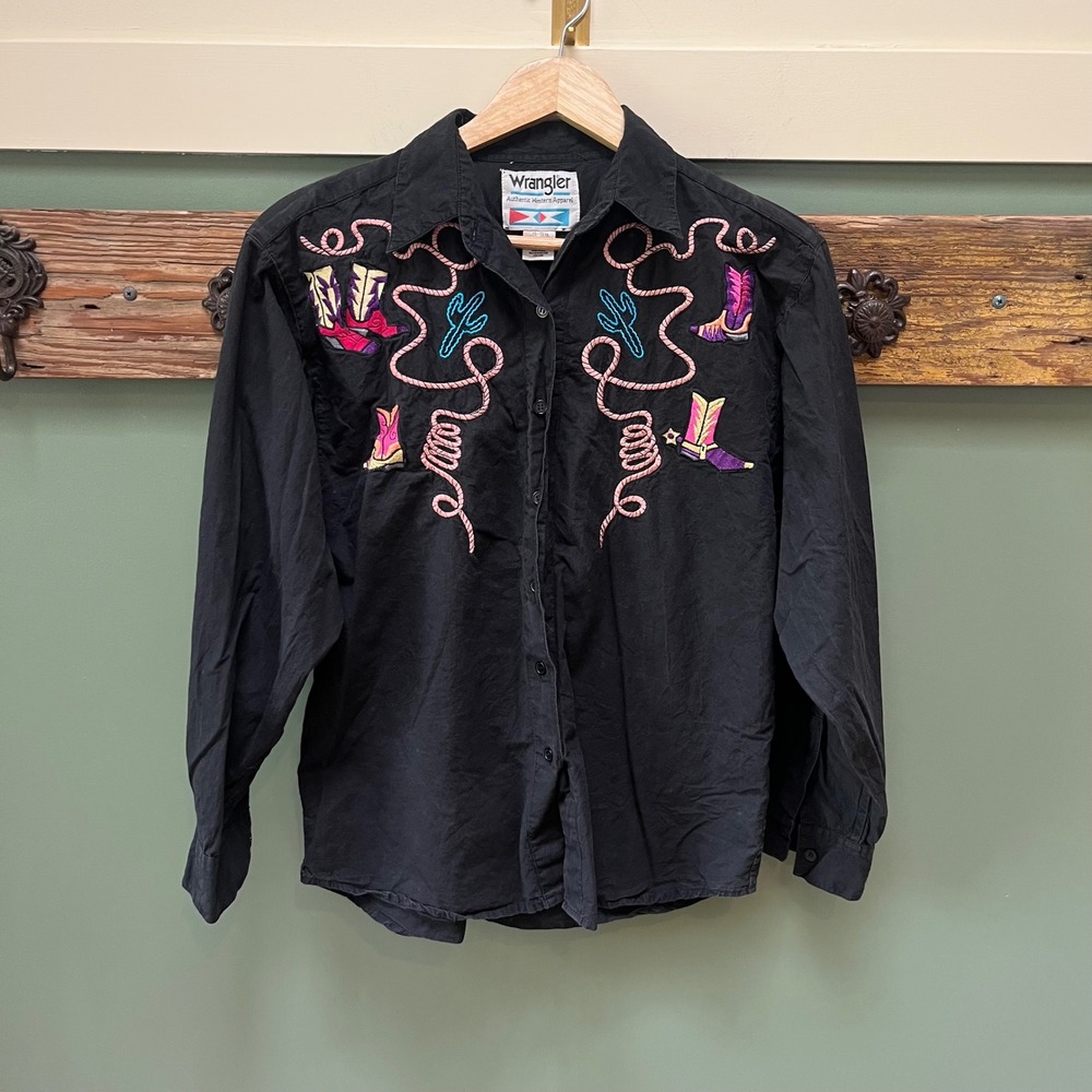 Wrangler Womens Black Embroidered Western Shirt Cowboy Boots Cactus Cotton M